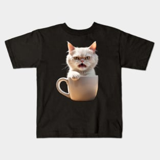 Funny Cat In Coffee Mug Crazy Mad Angry Cat Kids T-Shirt